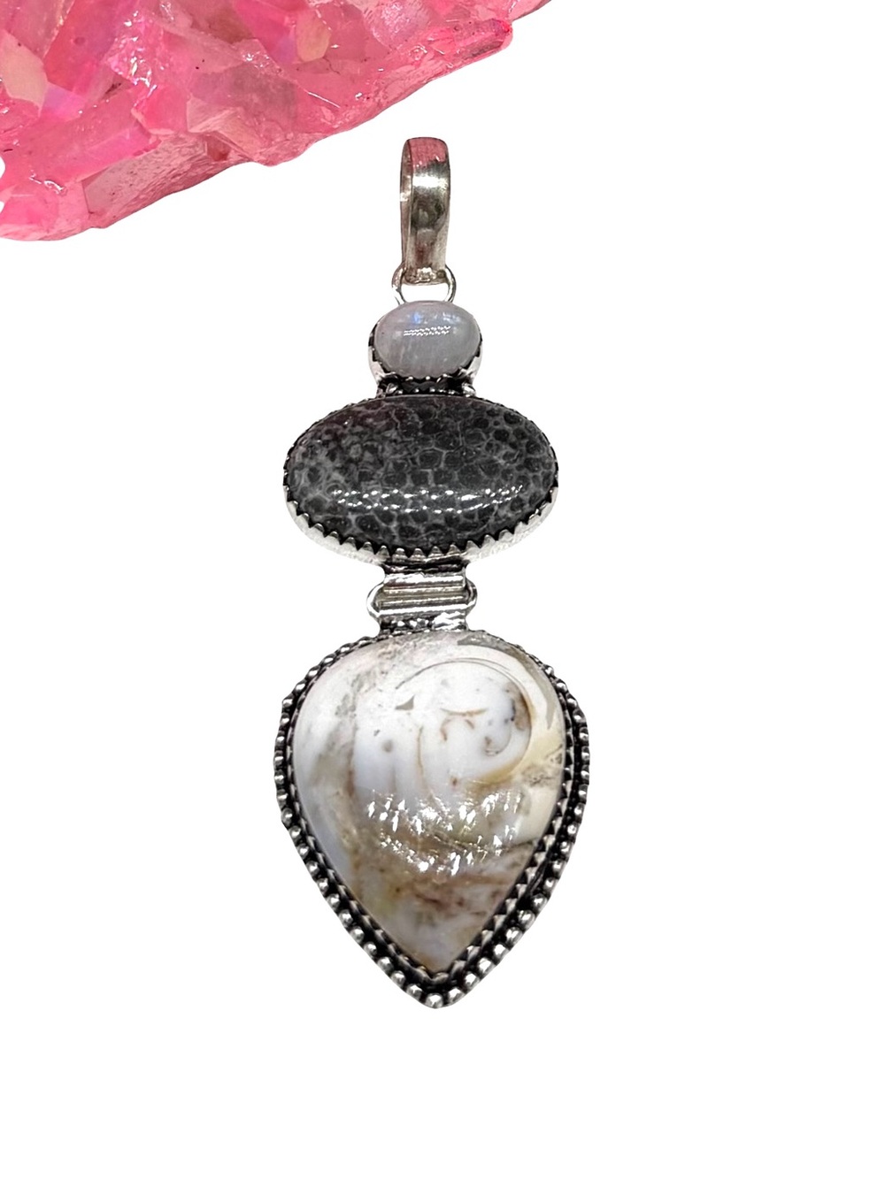 Stingray Coral Fossil & Rainbow Moonstone Pendant 925 Sterling Silver Overlay